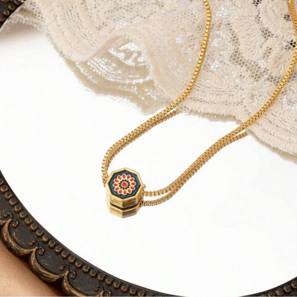 Painted Enamel Gold-tone Floral Pendant Necklace NWT